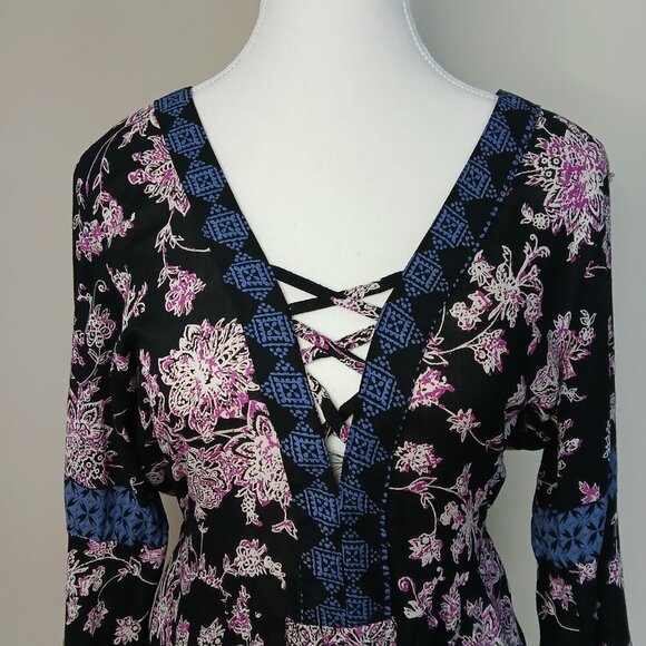 Whimsigoth Flowy Bohemian Bell Sleeve Floral Romper Black Size Medium - Picture 3 of 8